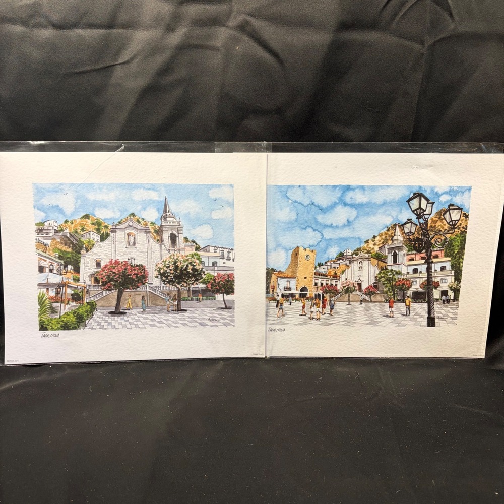L. Burocchi Taormina Sicily Watercolor Prints Nuccio Art Roma Italy Set of 2